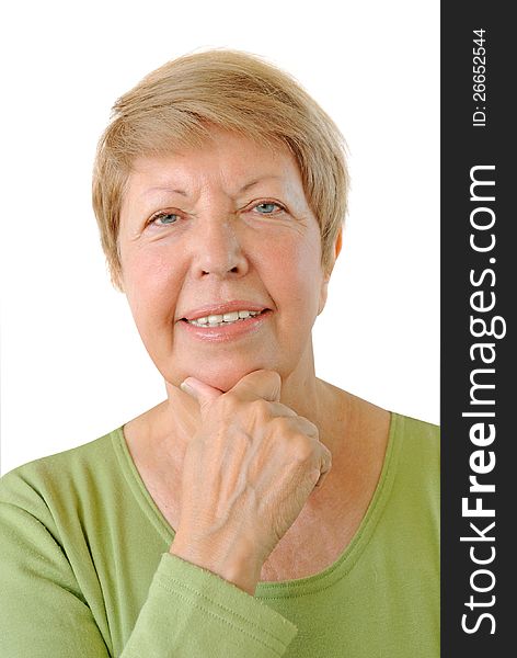 Portrait of elderly woman on the white background