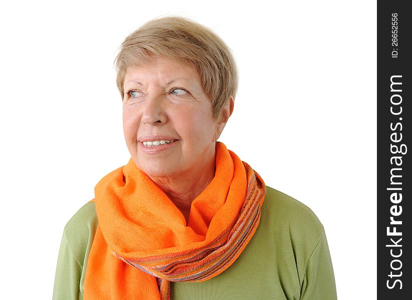 Portrait of elderly woman with orange cravat on the white background