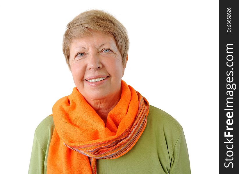 Portrait of elderly woman with orange cravat on the white background