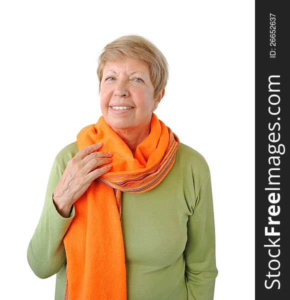 Portrait of elderly woman with orange cravat on the white background
