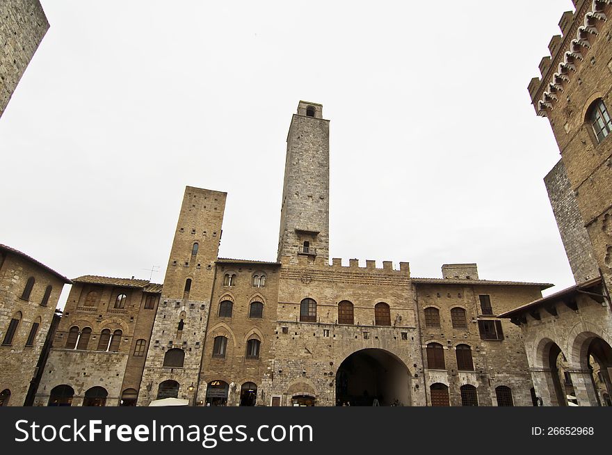 SAN GIMIGNANO, ITALY - APRIL 04: view of Piazza del Duomo on April 04, 2012 in San Gimignano, Italy. The medieval town of San Gimignano is one of the most famous turist attraction in Tuscany.