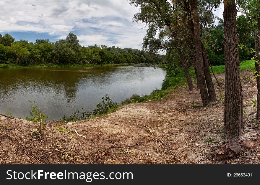 River in Russia. City Balashov. River Hopper. The view from the shore of the river. vertical panorama. cloudy. River in Russia. City Balashov. River Hopper. The view from the shore of the river. vertical panorama. cloudy.