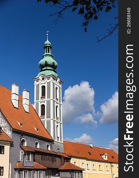 Tower in baroque style in Cesky Krumlov, Czech Republic.