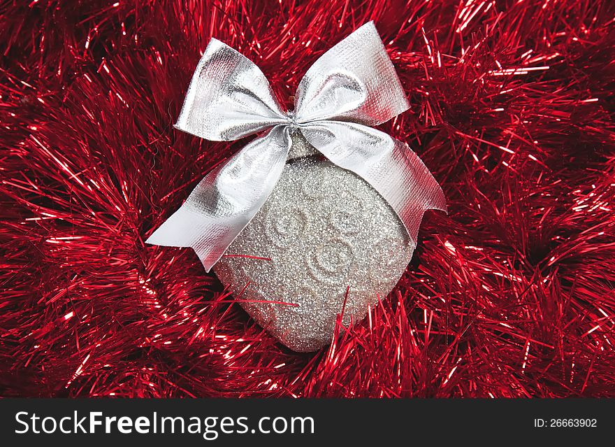 Silver Christmas Heart On Red Tinsel