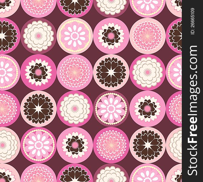 Pink seamless background with circles and flowers. Pink seamless background with circles and flowers