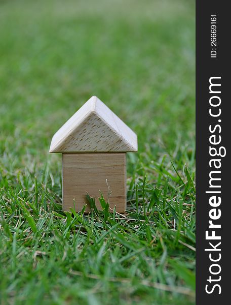 Natural wooden house toy in the green background. Natural wooden house toy in the green background