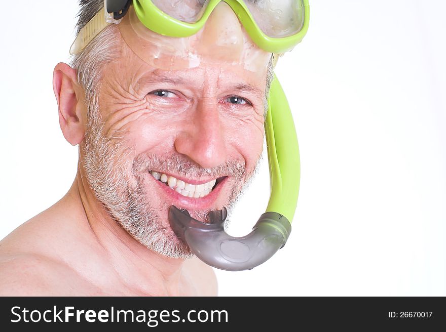 Portrait of a wet smiling man with a tube and mask for plunge. Background is white. Portrait of a wet smiling man with a tube and mask for plunge. Background is white.