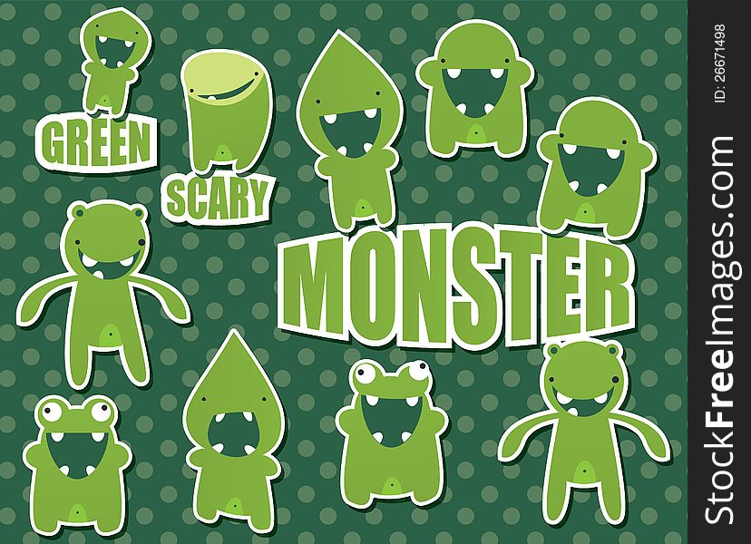 Collection of cute green monsters on dotted background. Collection of cute green monsters on dotted background