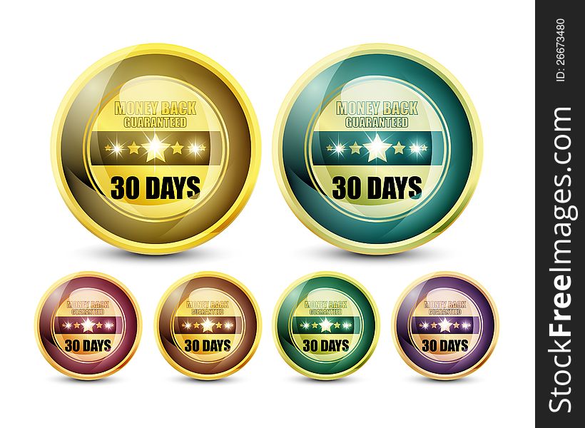 Colorful Money back guaranteed '30 Days' button Set. Colorful Money back guaranteed '30 Days' button Set