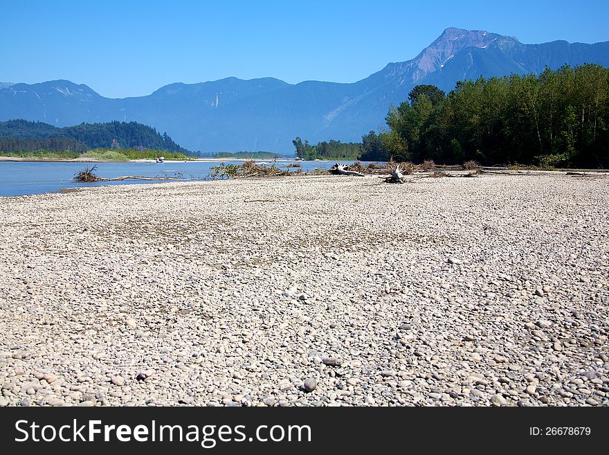 A gravel bar used for fishing in the Fraser River of British Columbia Canada