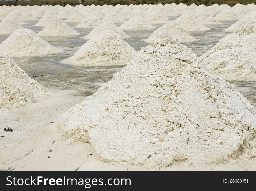 Close up salt pile in salt field, Thailand