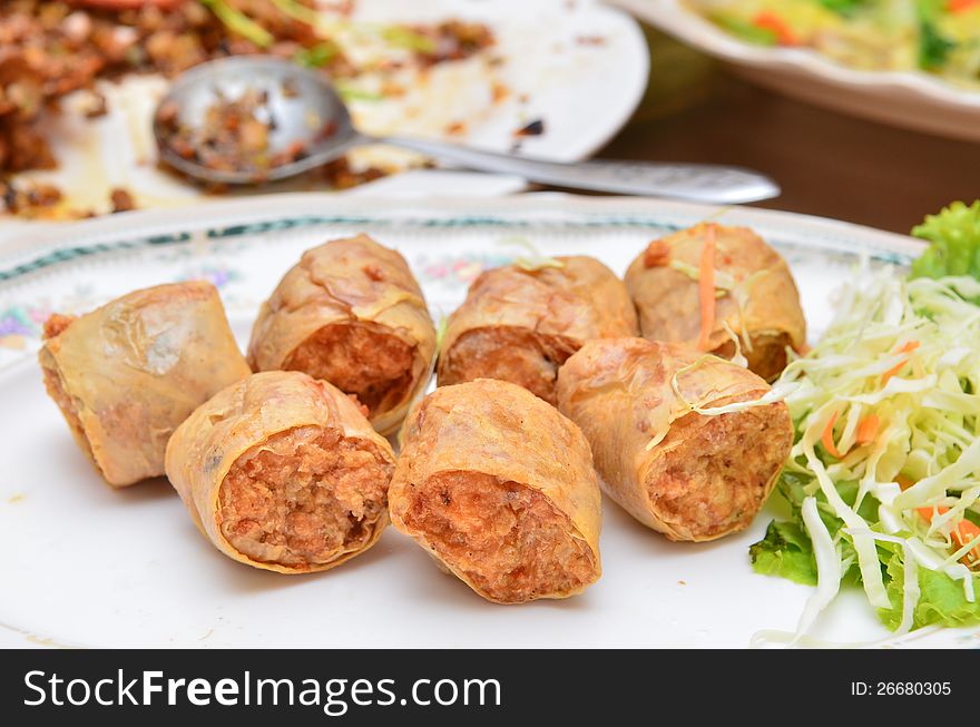 Deep fried minced seafood spring ball, food background