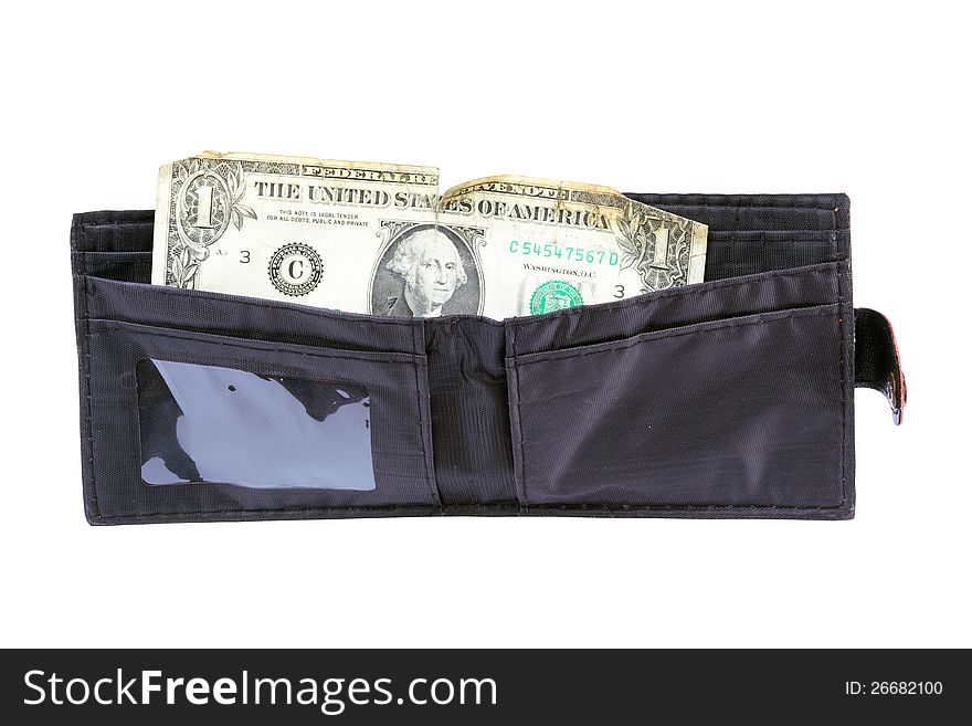 Wallet with old dollar on a white