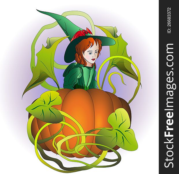 Little witch in medieval clothes looks at huge orange pumpkin in the field