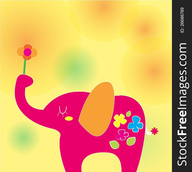Pink elephant on a sunny day with flower in her trunk