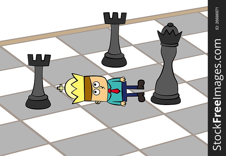 A laid down business man on a chess board with a king's crown and chess pieces beside him. A laid down business man on a chess board with a king's crown and chess pieces beside him