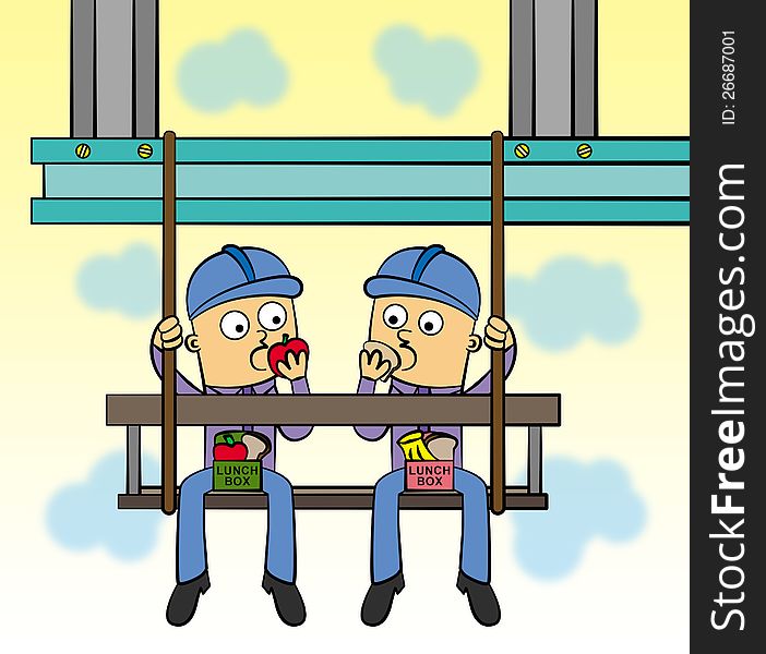 Illustration of two construction workers having lunch while hanging on a beam. Illustration of two construction workers having lunch while hanging on a beam