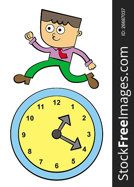 A humorous illustration of a business man running on top of a very big clock. A humorous illustration of a business man running on top of a very big clock