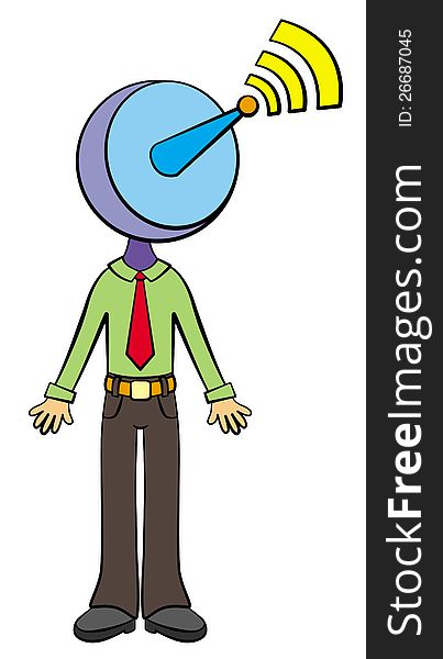 An illustration of a cartoon character dressed like a business man with a satellite head. An illustration of a cartoon character dressed like a business man with a satellite head