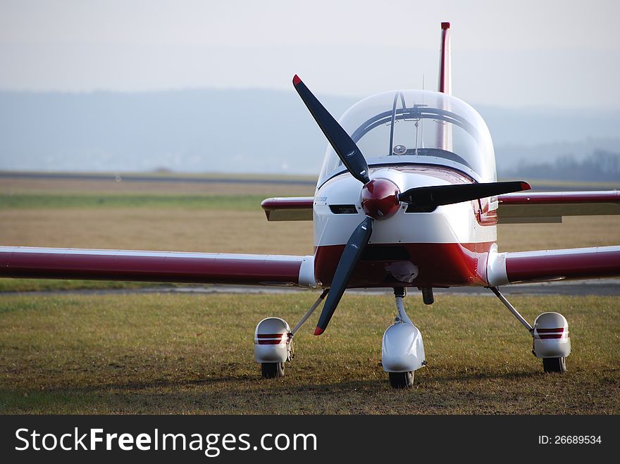 Propeller driven airplane on ground