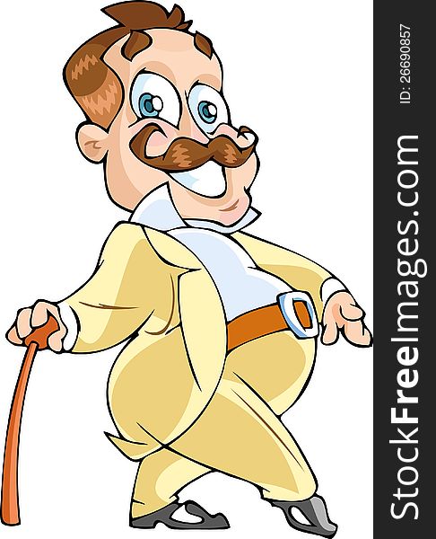 The Illustration shows cute walking brown-hair whisked gentleman in yellow suit with stick in his hand. The illustration done in cartoon style. The Illustration shows cute walking brown-hair whisked gentleman in yellow suit with stick in his hand. The illustration done in cartoon style.