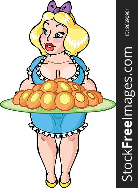 The illustration shows young pretty blond blue-eyed woman in blue dress with tray in her arms. The tray is full of cookies. The illustration done in cartoon style. The illustration shows young pretty blond blue-eyed woman in blue dress with tray in her arms. The tray is full of cookies. The illustration done in cartoon style.