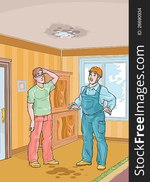 Workman and his client standing in apartment with dripping roof. Workman and his client standing in apartment with dripping roof.