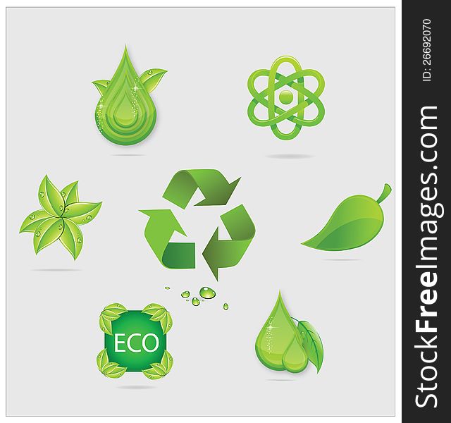 Eco symbols and emblems set green color isolated