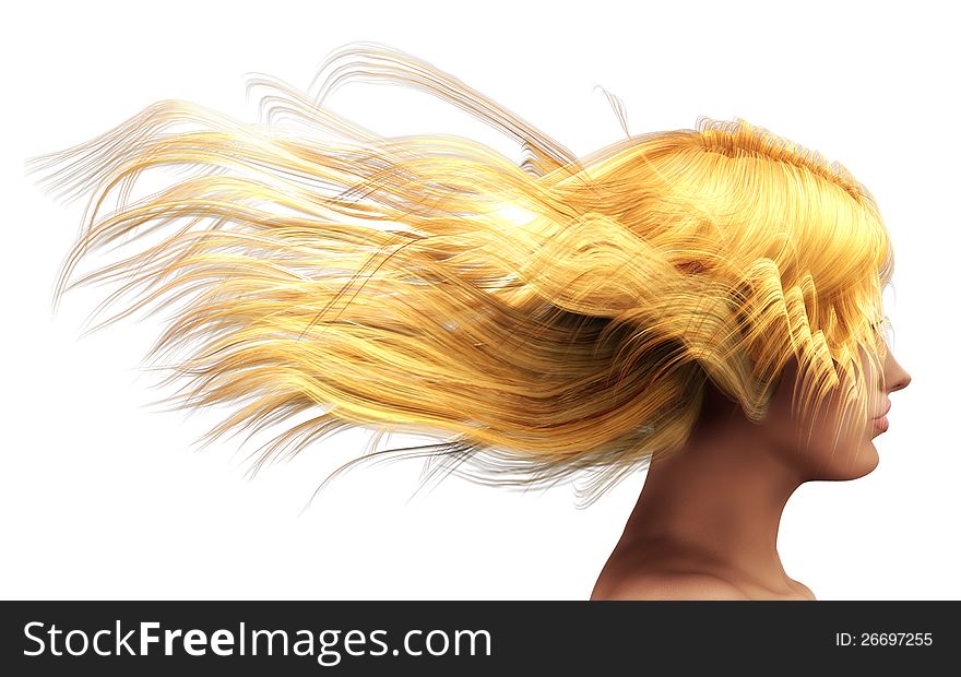 3d girl with blond hair blowing in the wind.