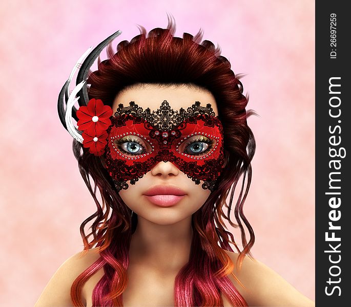 3d render of girl in red carnaval mask. 3d render of girl in red carnaval mask