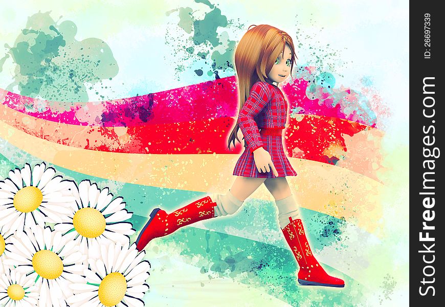 Abstract illustration of cartoon girl walking on rainbow.