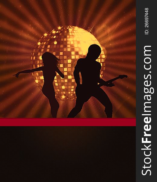 Illustration of party banner with disco ball and dancing people. Illustration of party banner with disco ball and dancing people.