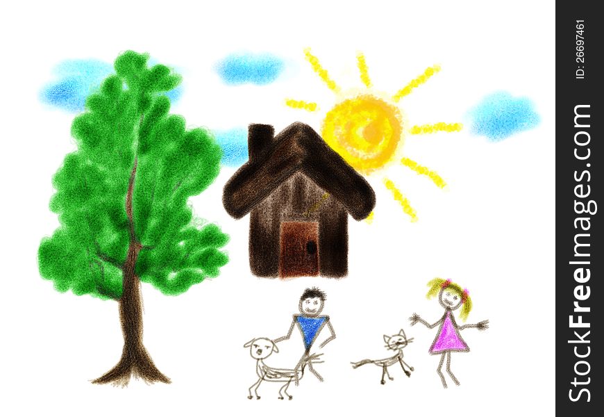 Drawing of a house and childrens playing with pets. Drawing of a house and childrens playing with pets.