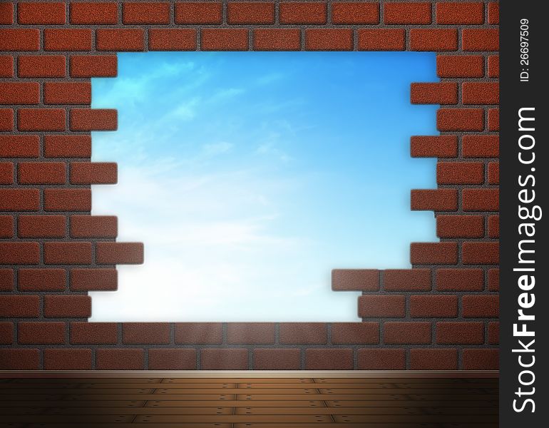 Blue sky with sunlight through the hole in the brick wall of room with wooden floor. Blue sky with sunlight through the hole in the brick wall of room with wooden floor.