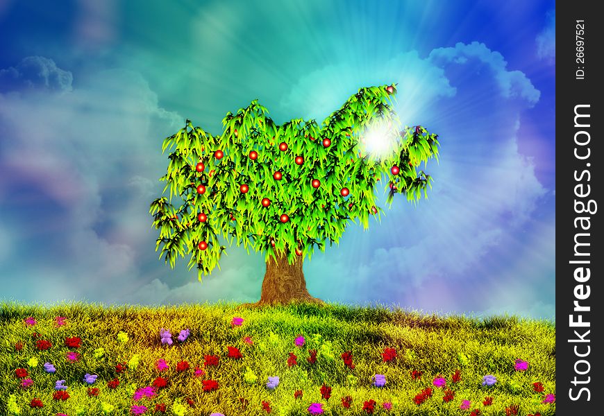 Illustration of fruit tree and meadow in bloom. Illustration of fruit tree and meadow in bloom.