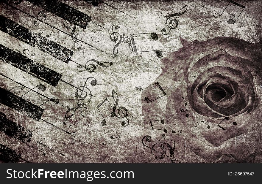 Abstract grunge rose and piano, vintage music background. Abstract grunge rose and piano, vintage music background