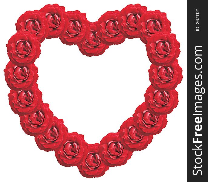 Frame of red roses. Heart shaped on white. Frame of red roses. Heart shaped on white.