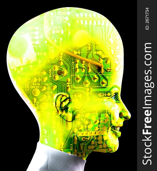 An conceptual image of a cyborg women who is very clever, we can tell this by the big head with an added circuitbored effect. An conceptual image of a cyborg women who is very clever, we can tell this by the big head with an added circuitbored effect.