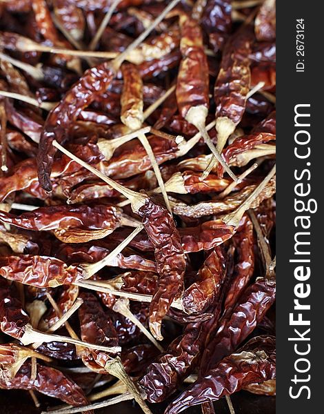 Spicy Dried red chillies for flavouring. Spicy Dried red chillies for flavouring