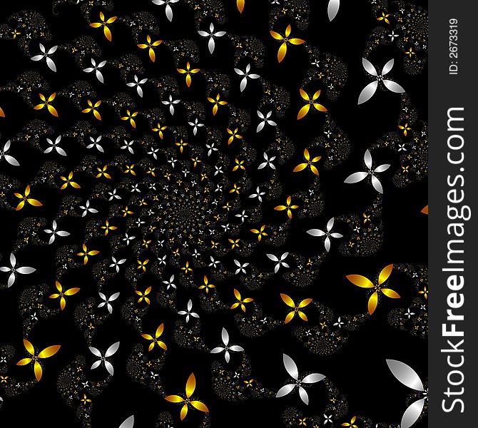 Many fractal flowers in gold and silver forming a spiral over black background. Many fractal flowers in gold and silver forming a spiral over black background