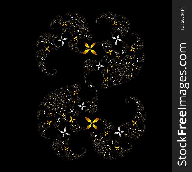 Many fractal flowers in gold and silver forming a multiple spirals over black background. Many fractal flowers in gold and silver forming a multiple spirals over black background