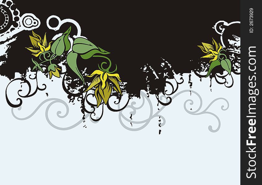 Floral grunge background with yellow flowers, and ornamental details. Floral grunge background with yellow flowers, and ornamental details.