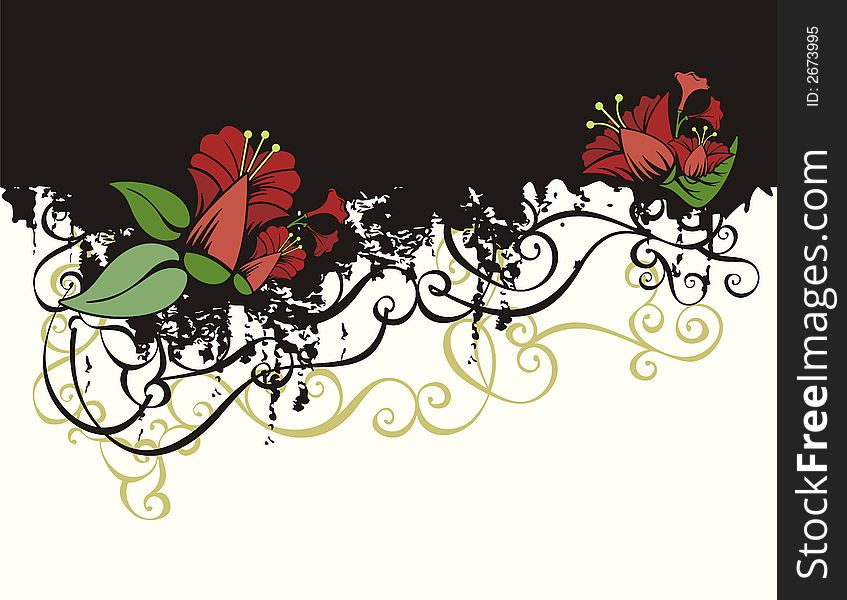 Floral grunge background with exotic red flowers, and ornamental details. Floral grunge background with exotic red flowers, and ornamental details.