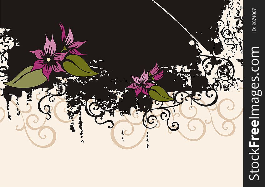 Floral grunge background with purple flowers, and ornamental details. Floral grunge background with purple flowers, and ornamental details.