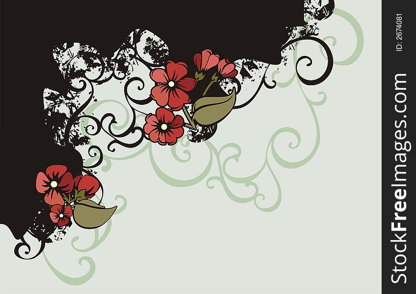 Floral grunge background with red flowers, and ornamental details. Floral grunge background with red flowers, and ornamental details.