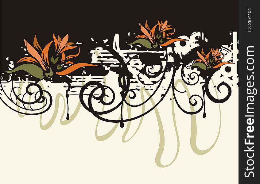 Floral grunge background with orange flowers, and ornamental details. Floral grunge background with orange flowers, and ornamental details.