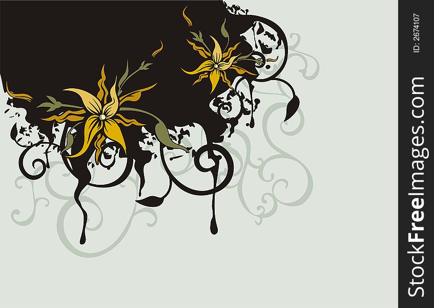 Floral grunge background with yellow flowers, and ornamental details. Floral grunge background with yellow flowers, and ornamental details.