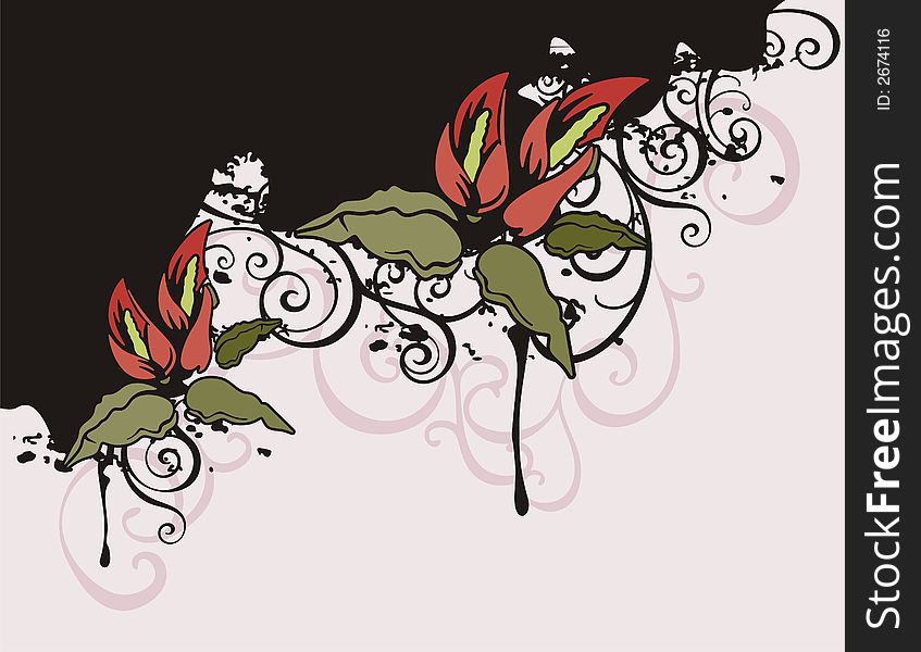 Floral grunge background with exotic red flowers, and ornamental details. Floral grunge background with exotic red flowers, and ornamental details.