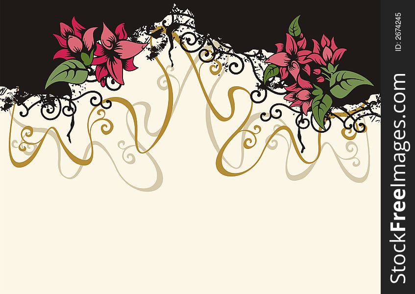 Floral grunge background with red flowers, and ornamental details. Floral grunge background with red flowers, and ornamental details.