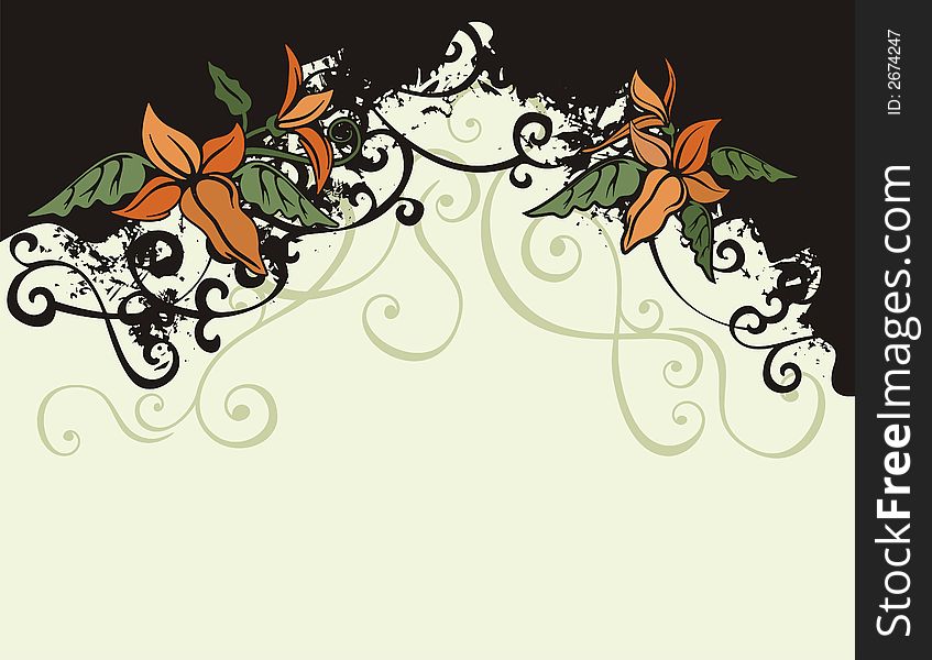 Floral grunge background with orange flowers, and ornamental details. Floral grunge background with orange flowers, and ornamental details.